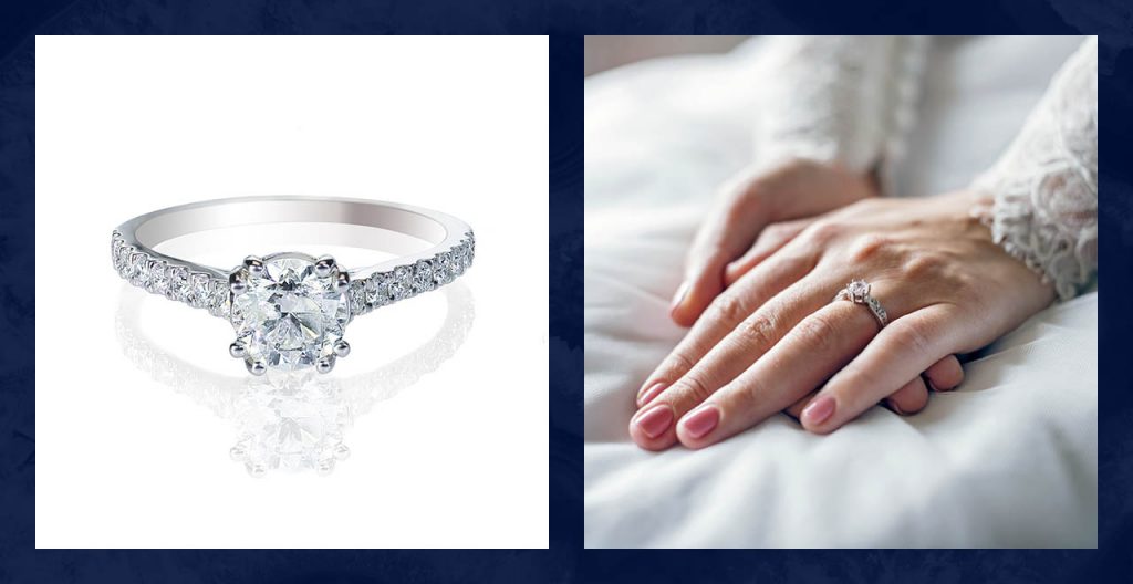 A moissanite gemstone wedding ring.