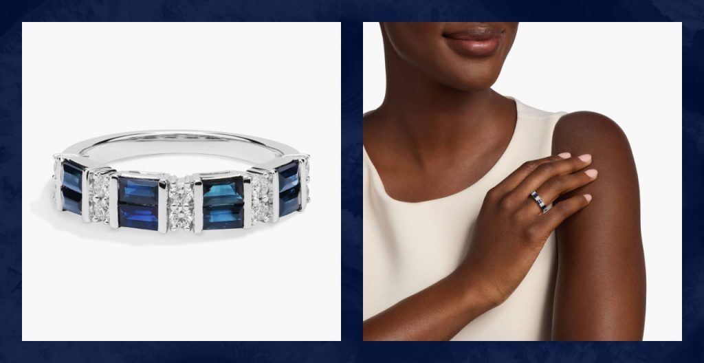 A Blue Nile sapphire gemstone wedding ring.