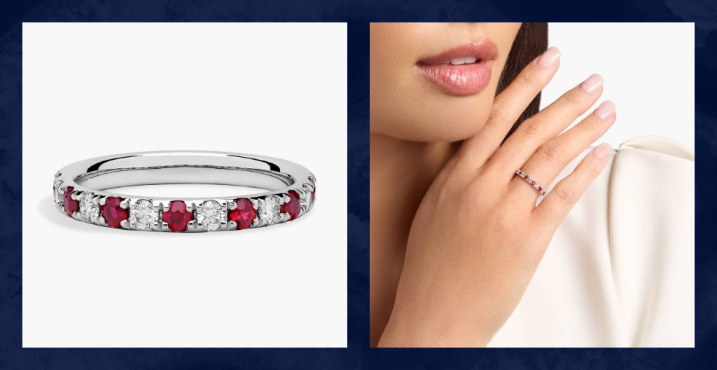 A Blue Nile ruby gemstone wedding ring.