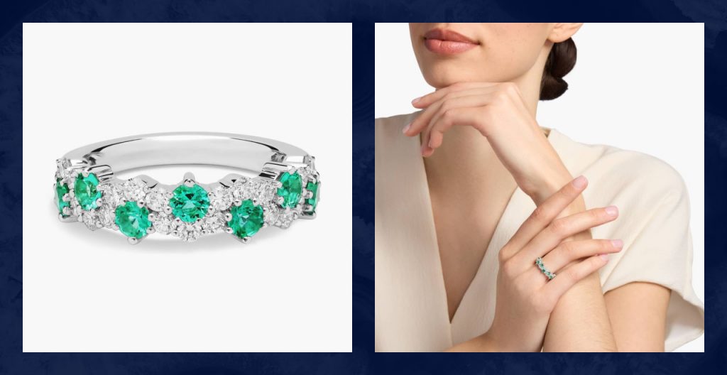 A Blue Nile emerald gemstone wedding ring.