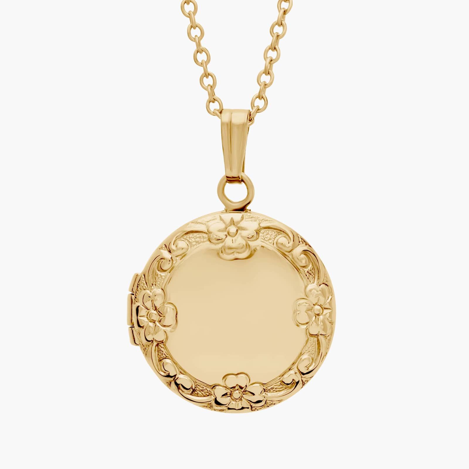 18" Petite Round Floral Locket in 14k Yellow Gold
