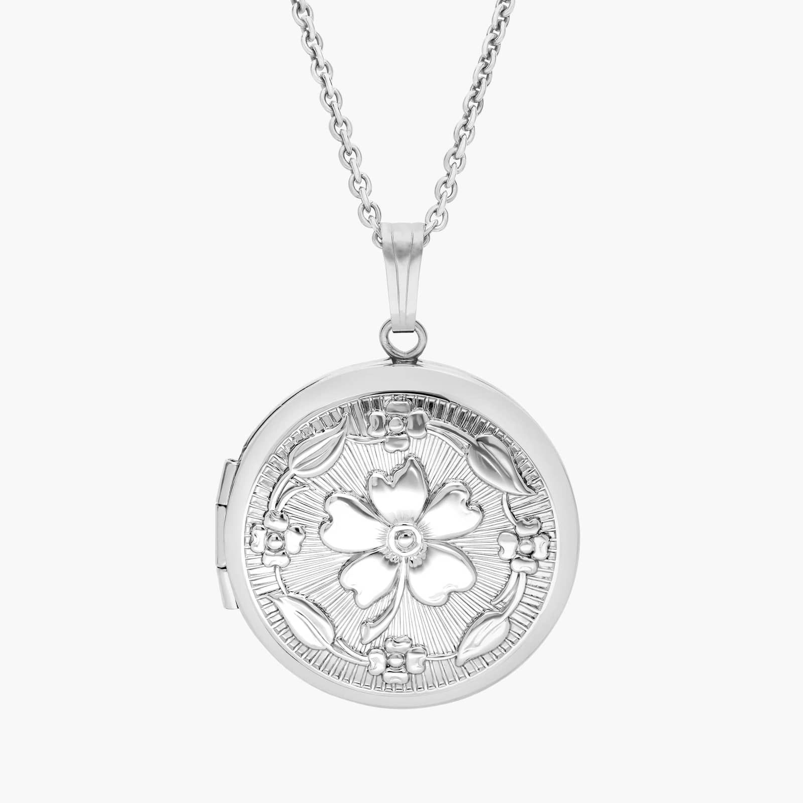 18" Round Floral Locket in Sterling Silver