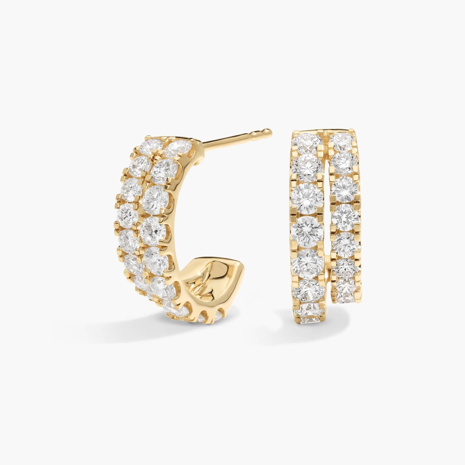 2 Row Diamond J Hoop Earrings with 1.5 CTW Round Cut Lab-Grown Diamonds in 14K Yellow Gold