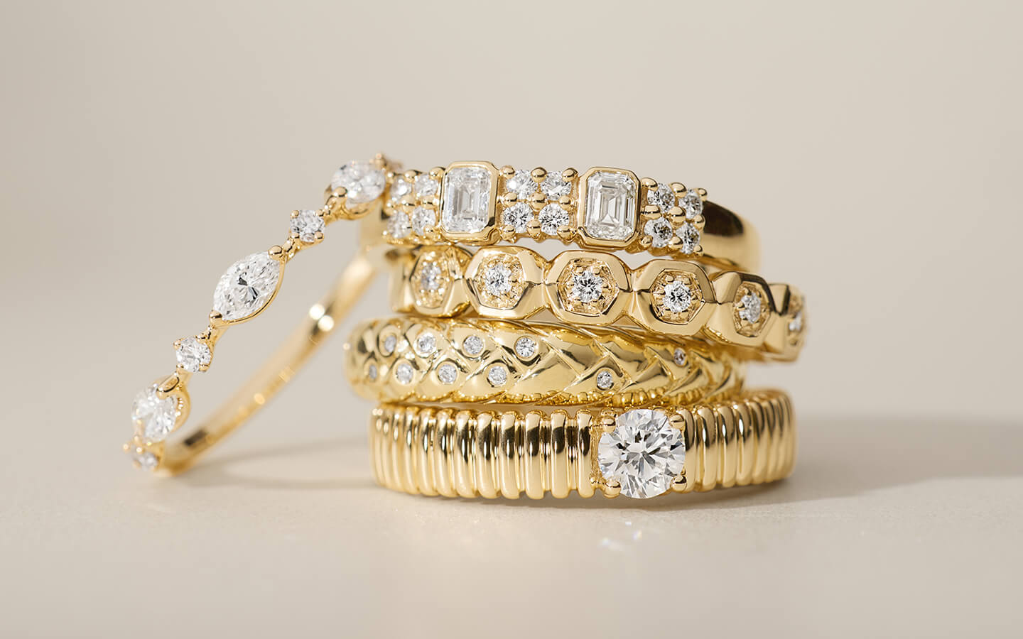 Yellow gold and diamond rings
