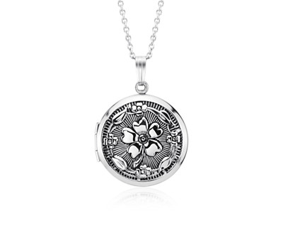 Antiqued Round Floral Locket in Sterling Silver