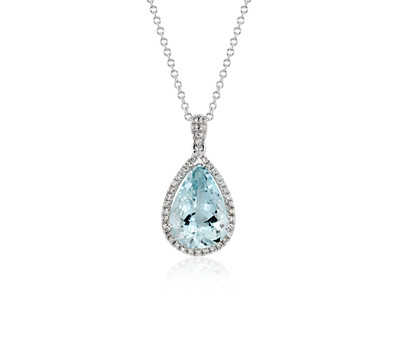 Aquamarine and Diamond Halo Pendant in 14k White Gold