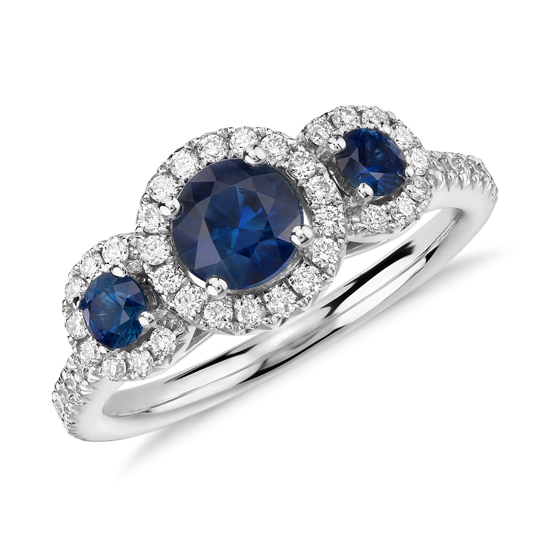 Isola Sapphire and Diamond Halo Three Stone Ring
