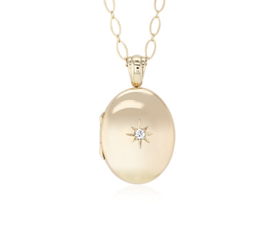 Long Oval Locket with Diamond Accent in 14k Yellow Gold