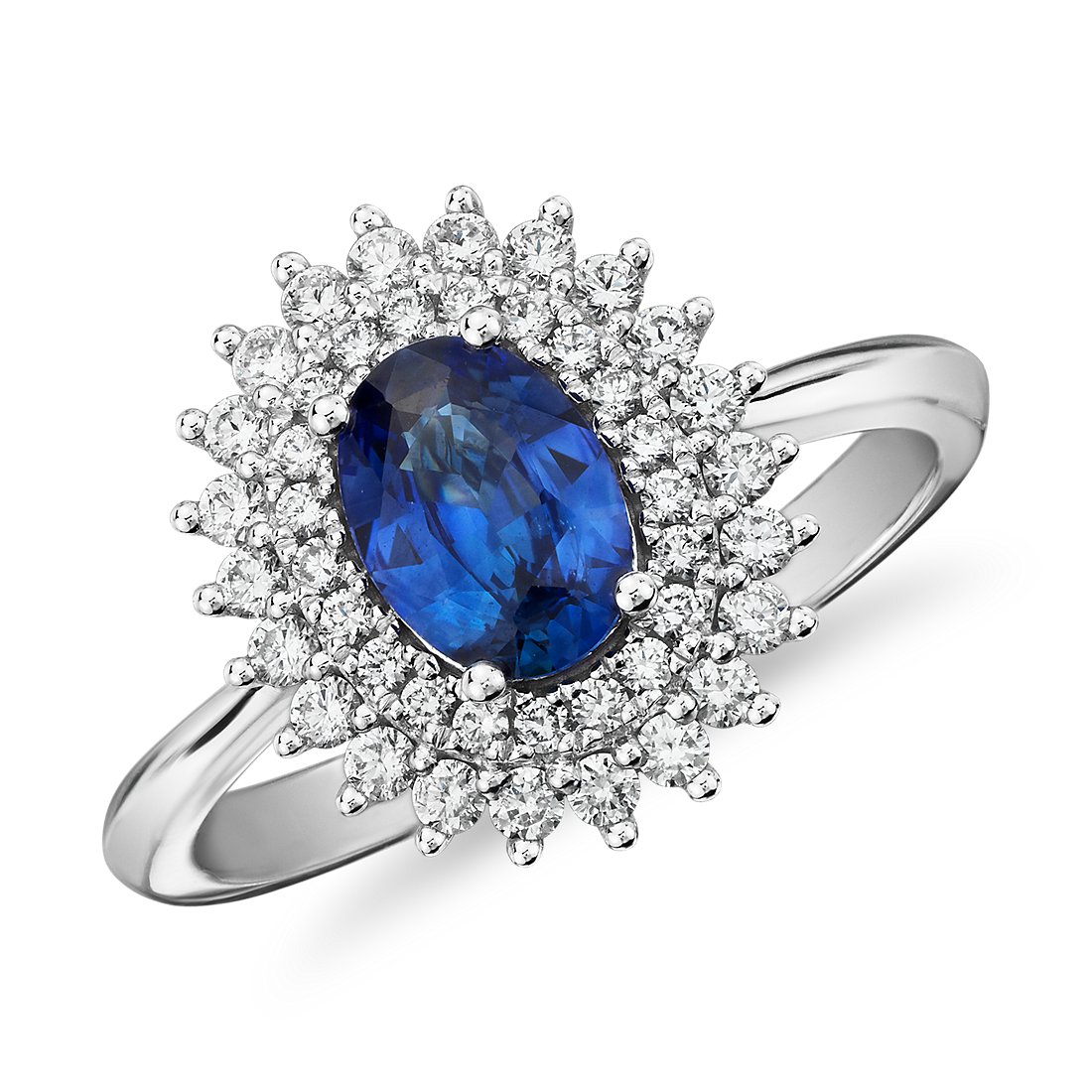 Oval Sapphire Ring with Double Sunburst Diamond Halo in 14k White Gold