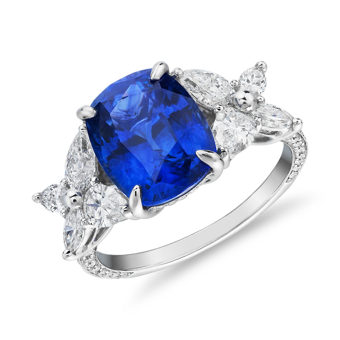Cushion-Cut Sapphire Diamond Butterfly Sidestone Engagement Ring