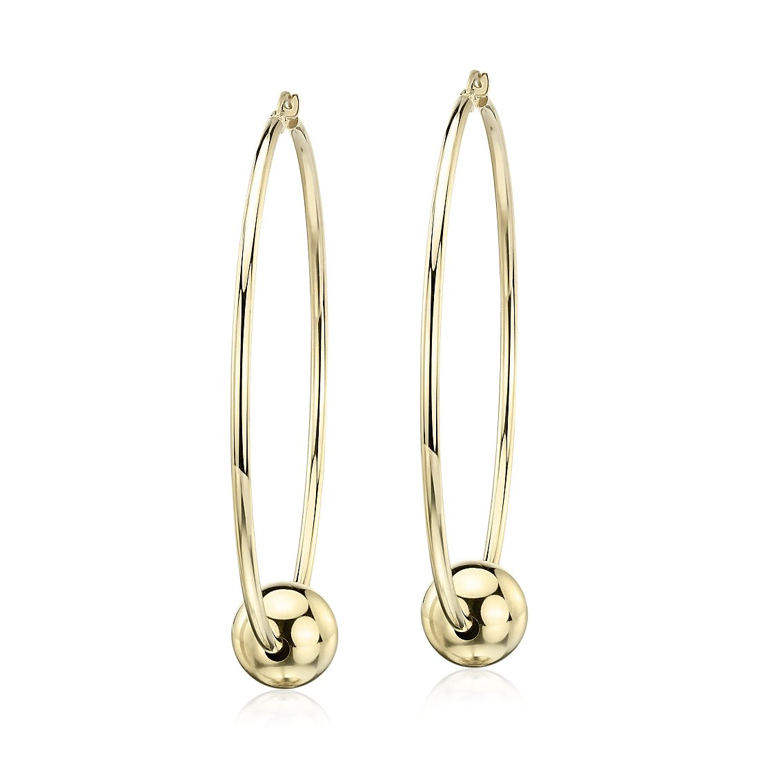 Large hoop earrings with bead in 14k yellow gold