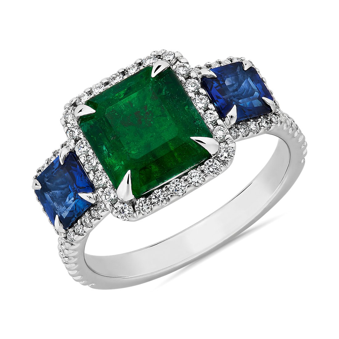 Square Cut Emerald and Blue Sapphire Three-Stone Ring