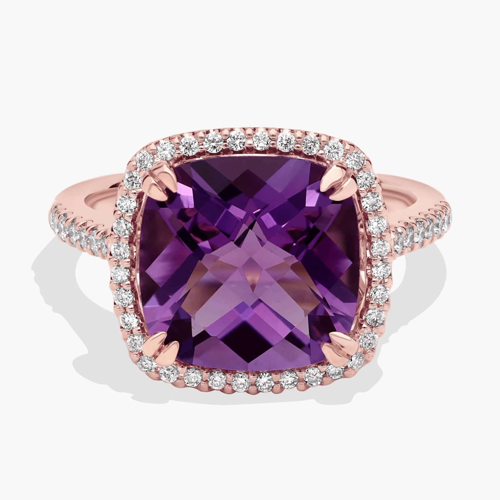 Cushion-Cut Amethyst Diamond Halo Cocktail Ring in 14k Rose Gold