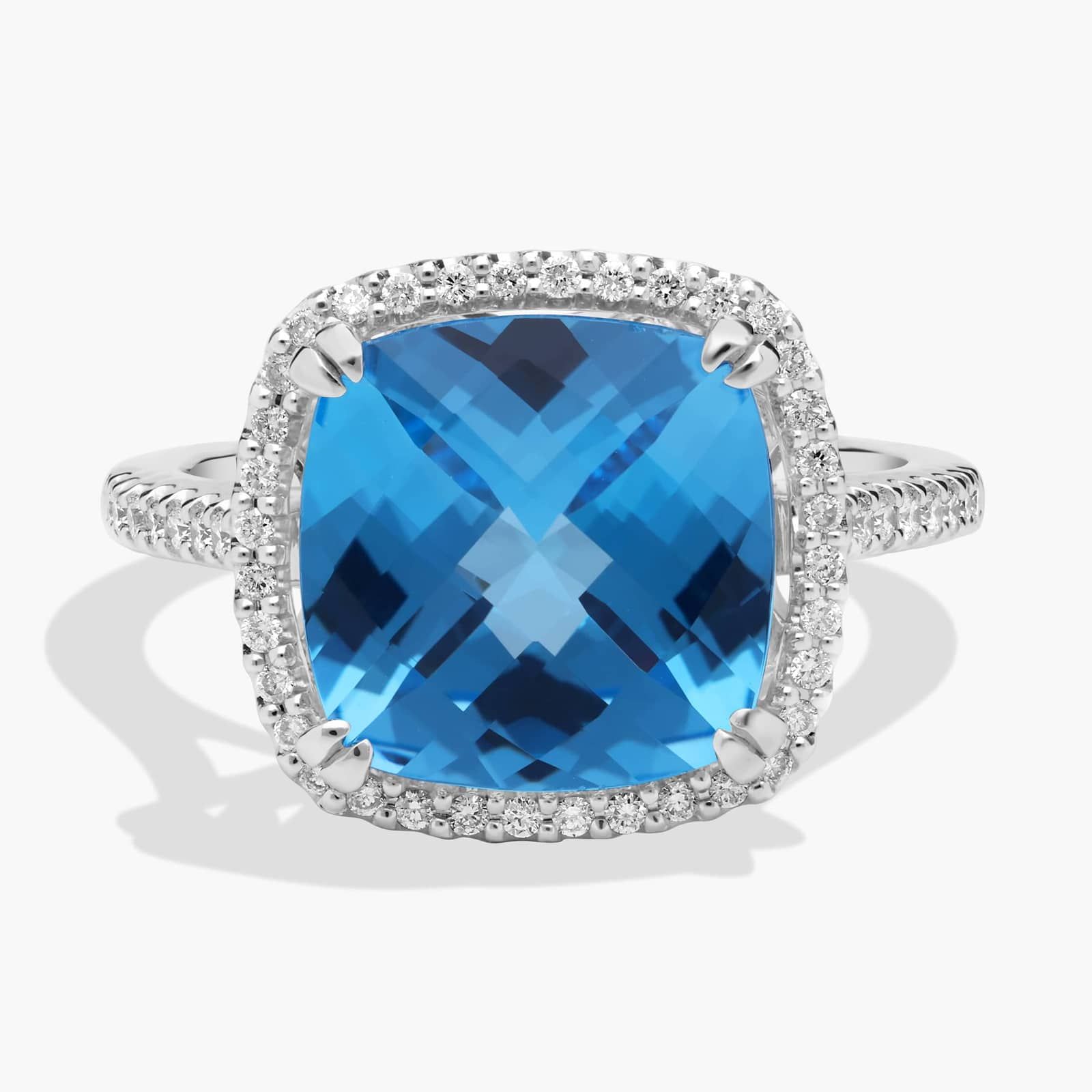 Cushion-Cut Swiss Blue Topaz Diamond Halo Cocktail Ring in 14k White Gold