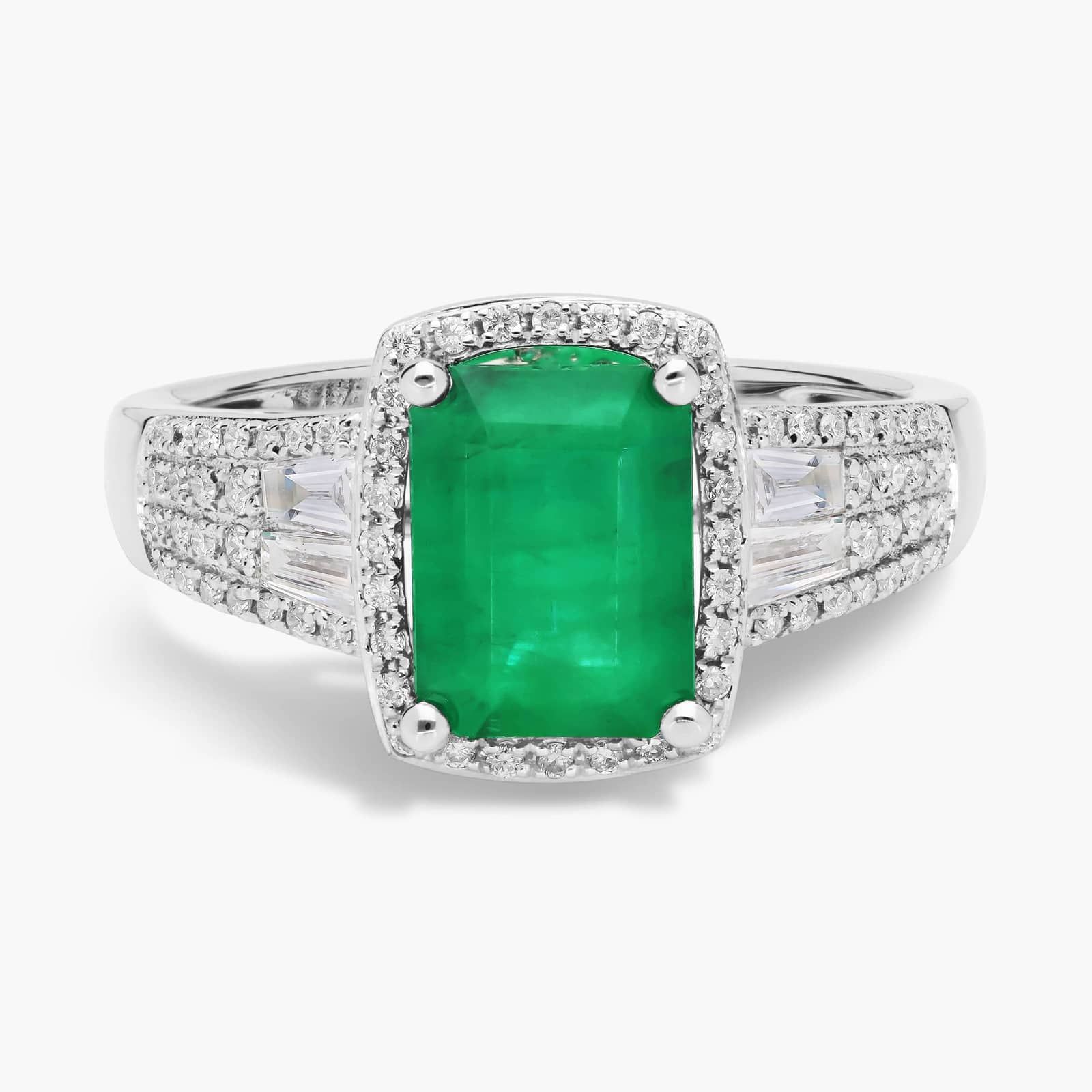 Emerald Ring with Diamond Baguette Accents in 14k White Gold