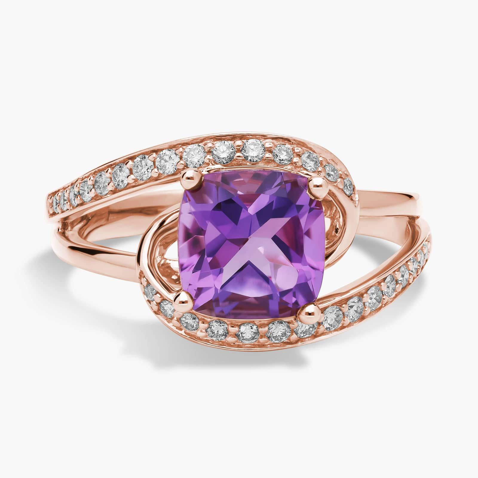 Cushion Cut Amethyst Ring with Twisting Halo in 14k Rose Gold
