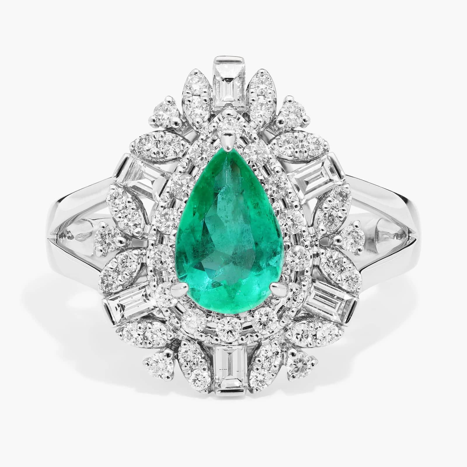 Extraordinary Collection: Pear Cut Emerald and Diamond Cluster Halo Cocktail Ring in 14k White Gold