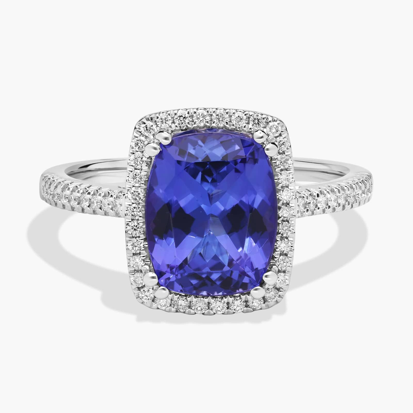 Cushion Cut Tanzanite Double Prong Diamond Halo Ring in 14K White Gold