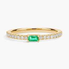 Baguette Emerald and Diamond Pavé Stacking Ring in 14k Yellow Gold