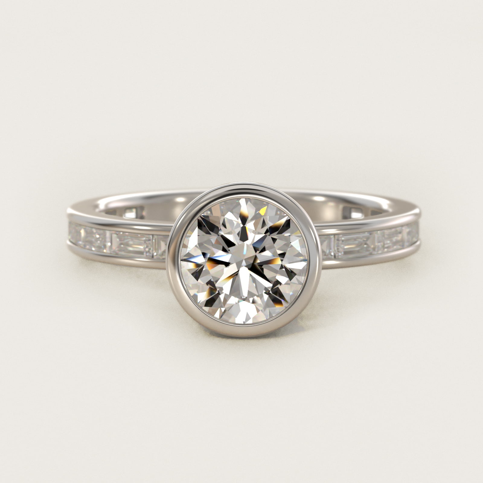 Bezel Engagement Ring with Channel Set Diamond Accent in 14K White Gold