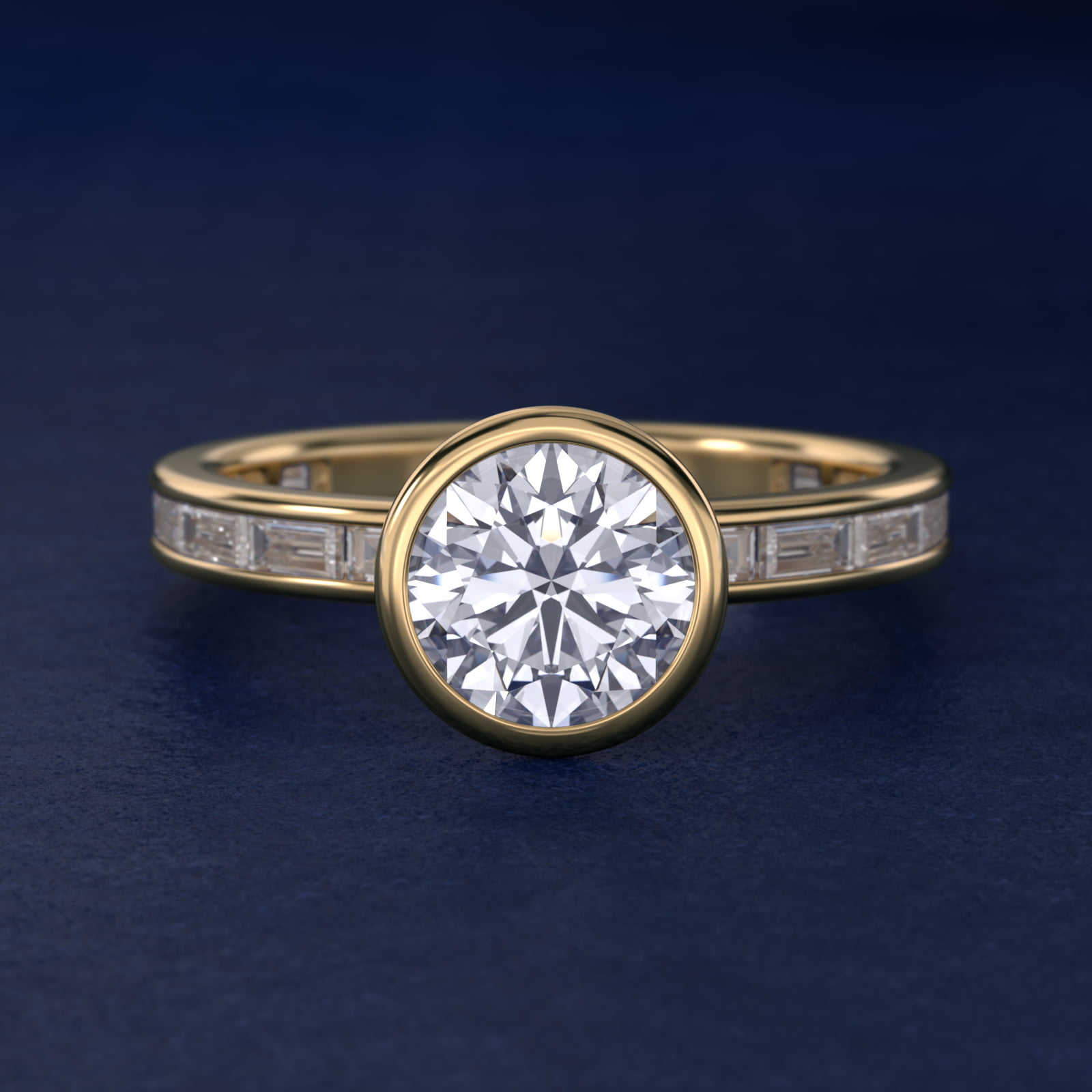 Bezel Engagement Ring with Channel Set Diamond Accent in 14K Yellow Gold