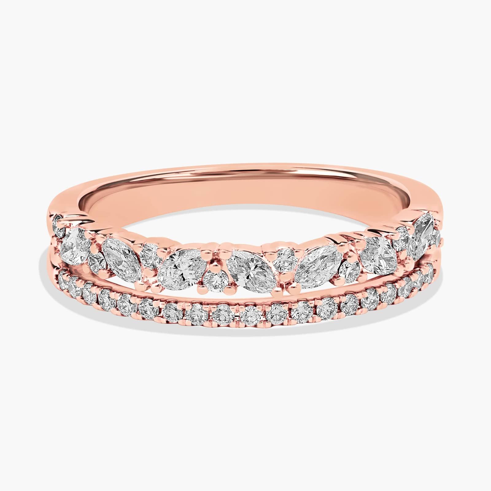 Crown Two Row Diagonal Marquise And Pave Diamond Band in 14k Rose Gold
