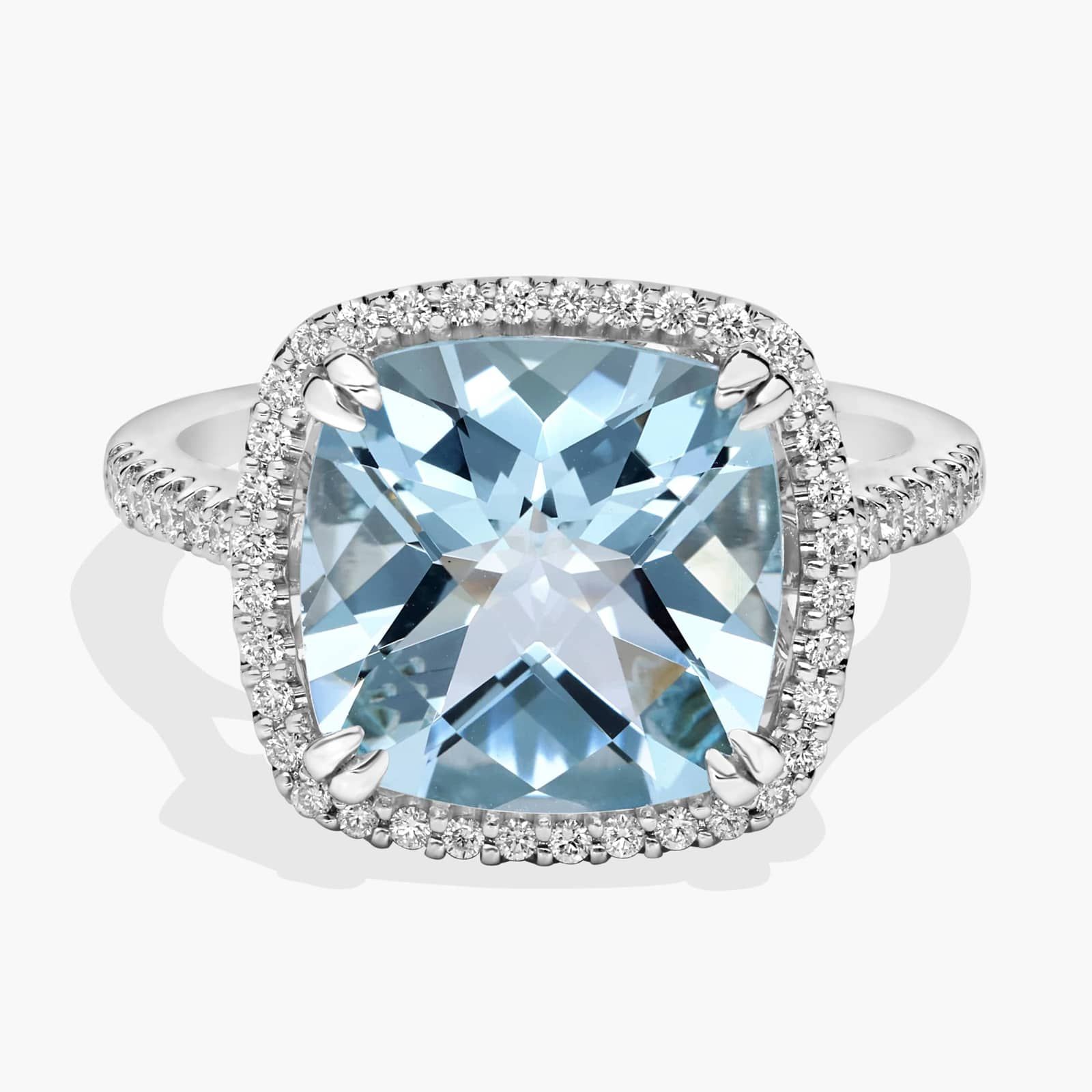 Cushion-Cut Aquamarine Diamond Halo Cocktail Ring in 14k White Gold