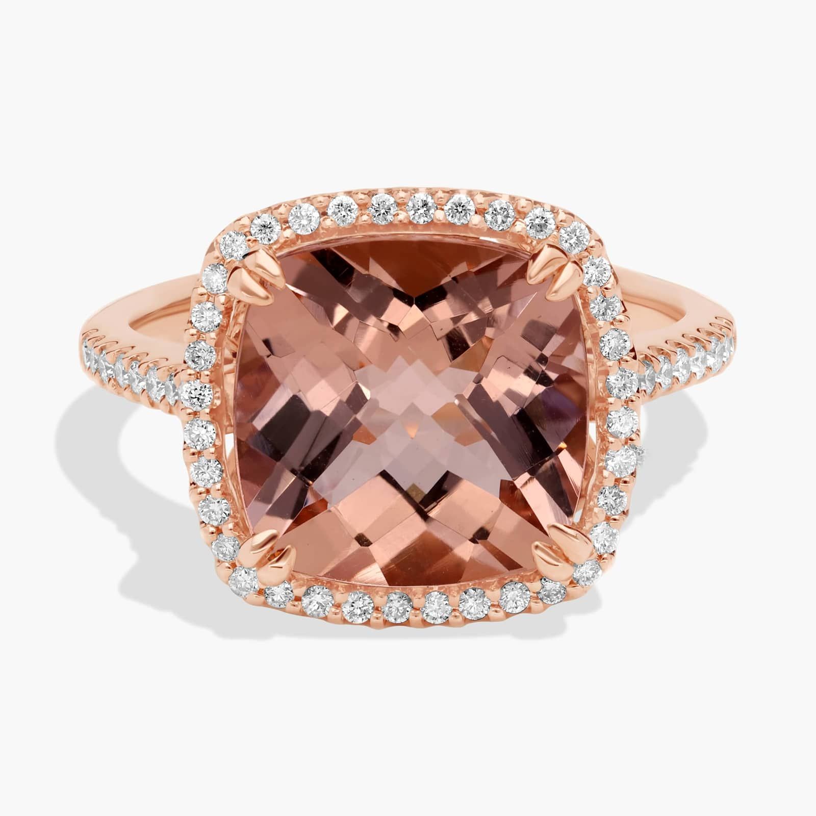 Cushion-Cut Morganite Diamond Halo Cocktail Ring in 14k Rose Gold