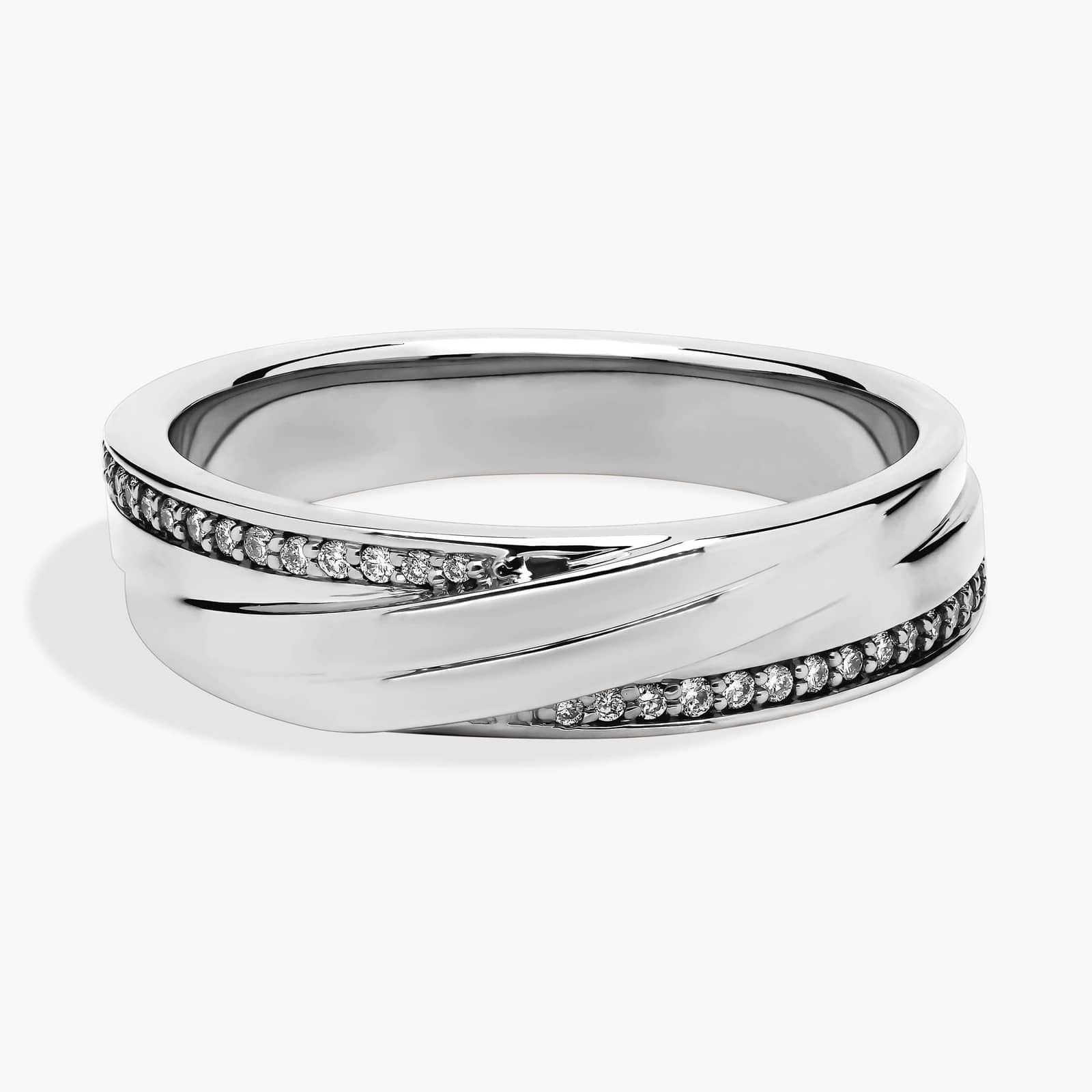 Diagonal Lined with Pavé Diamond Edge Men's Wedding Ring in 14k White Gold (1/8 ct. tw.)