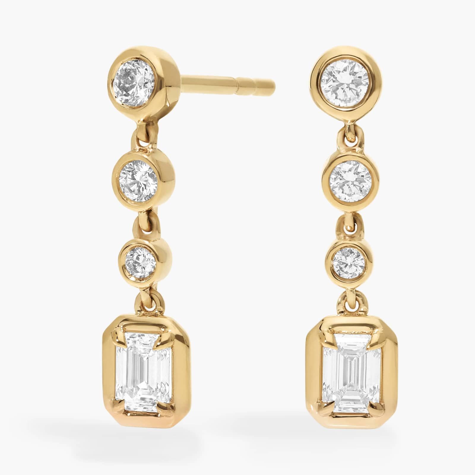 Diamond Drop Earrings with 0.5 CTW Round and Emerald Cut Lab-Grown Diamonds in 14K Yellow Gold Bezel Setting