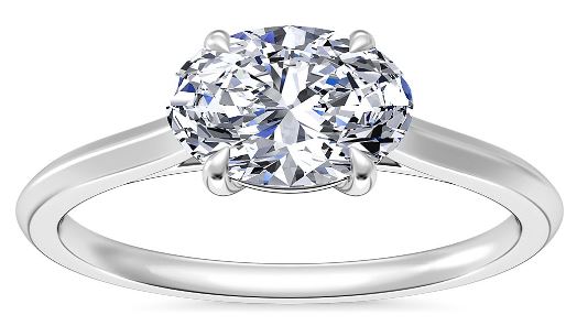 Platinum engagement ring with an oval east west diamond setting.