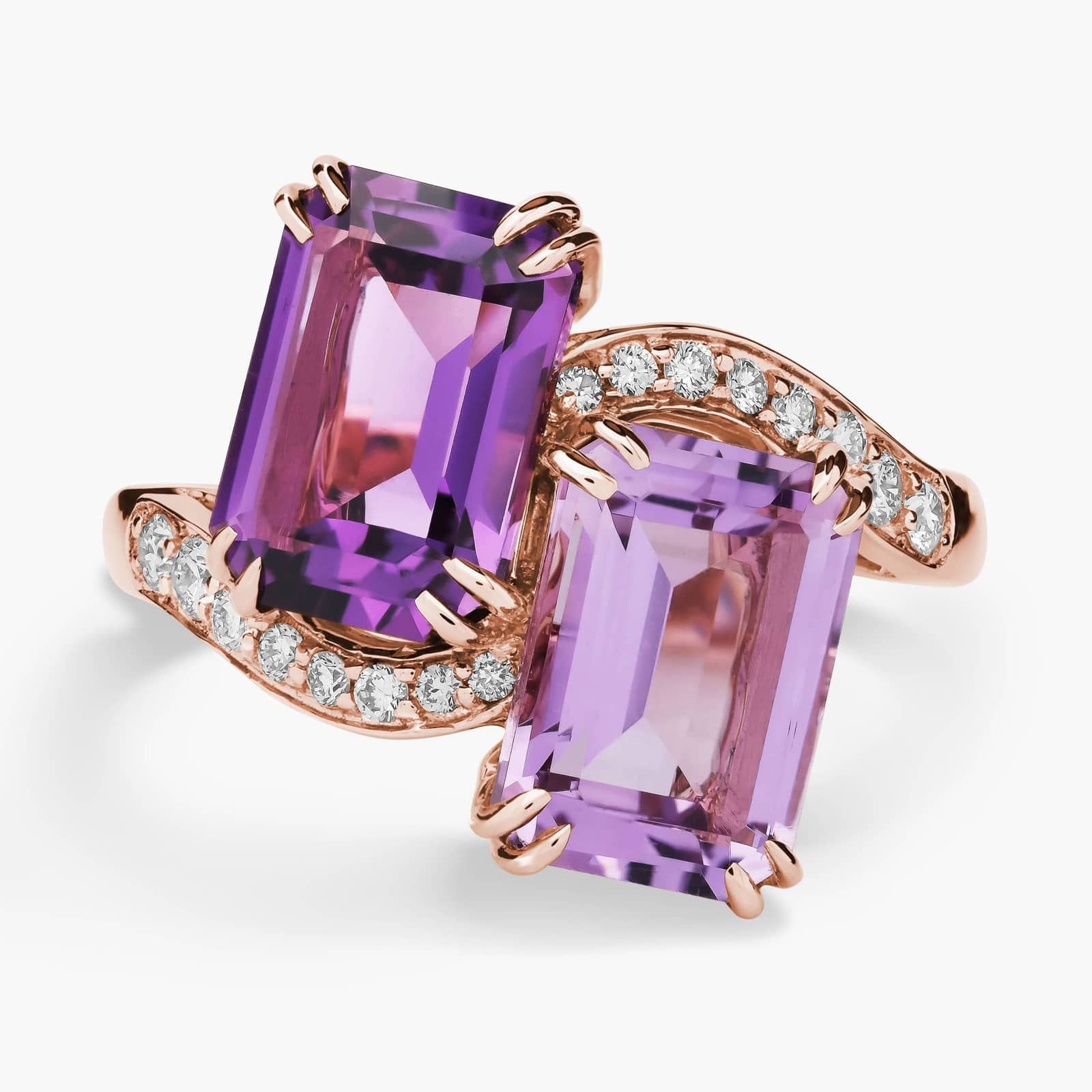 Emerald Cut Amethyst and Diamond Two-Stone Ring 14k Rose Gold