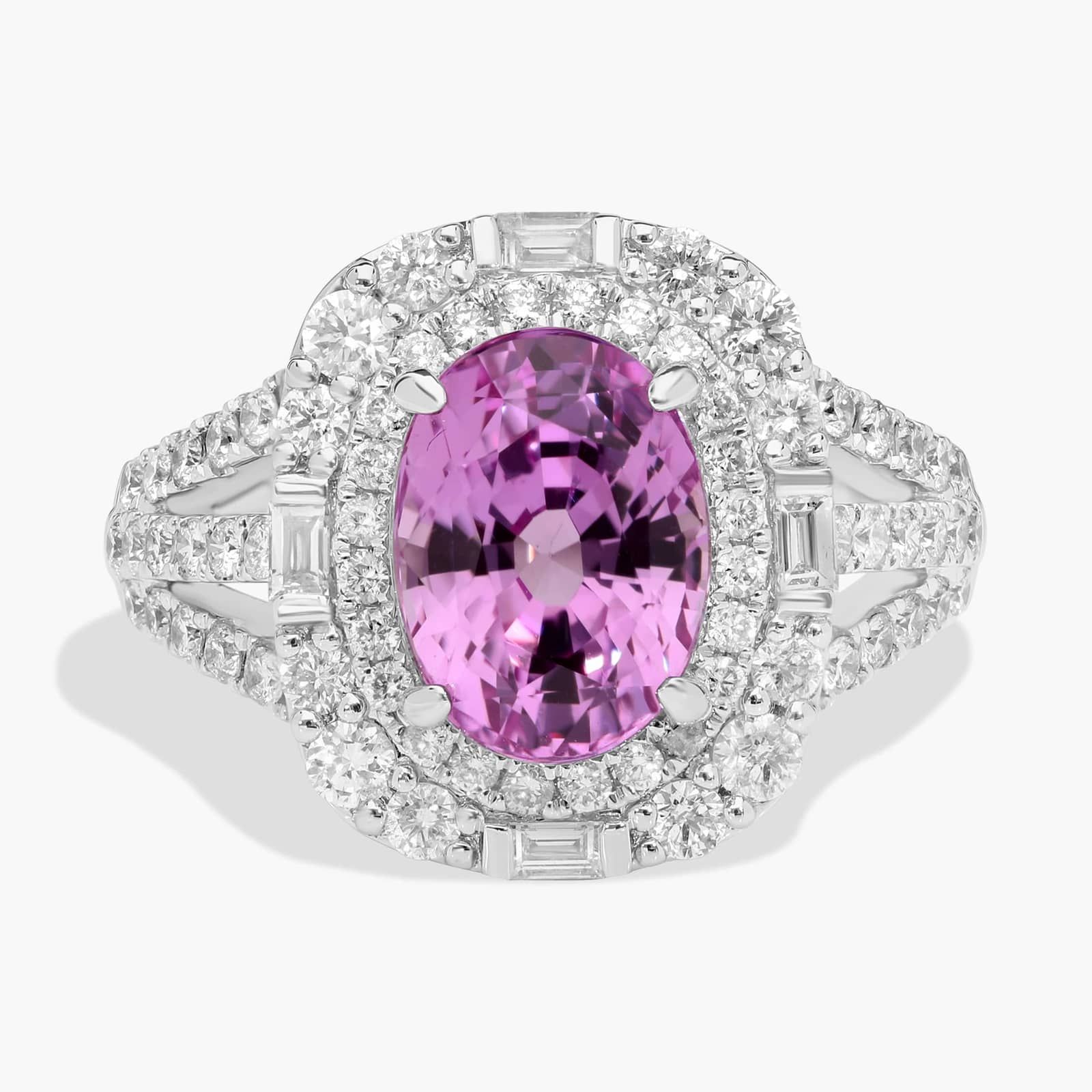 Oval Pink Sapphire and Diamond Halo Cocktail Ring in 18k White Gold