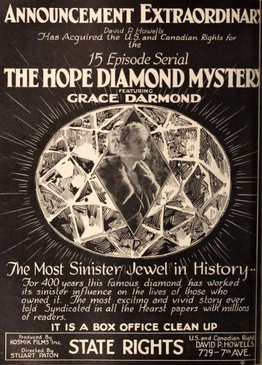 Promotional poster in black and white featuring a woman superimposed over the Hope Diamond, the 1921 poster is advertising a publication about the diamond. 