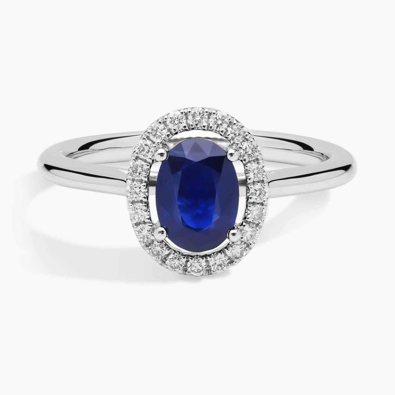 Floating Oval Sapphire and Diamond Micropavé Diamond Halo Ring in 14k White Gold