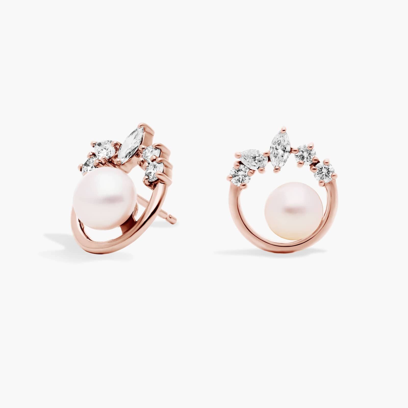 Freshwater Cultured Pearl and Mixed-Shape Diamond Earrings in 14k Rose Gold (5-6mm)