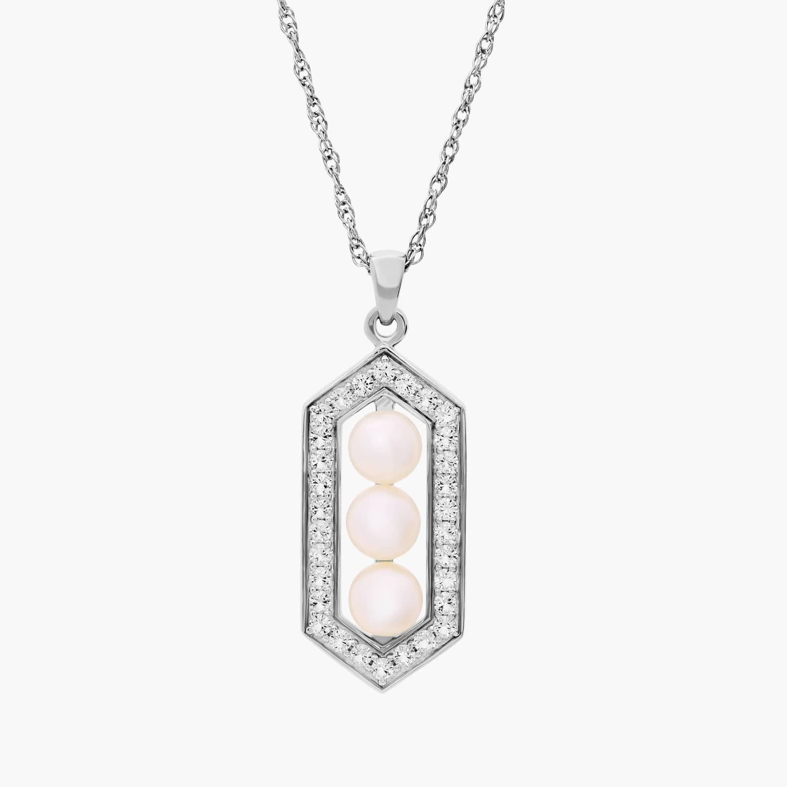 Freshwater Cultured Pearl and White Topaz Hexagon Halo Pendant in Sterling Silver