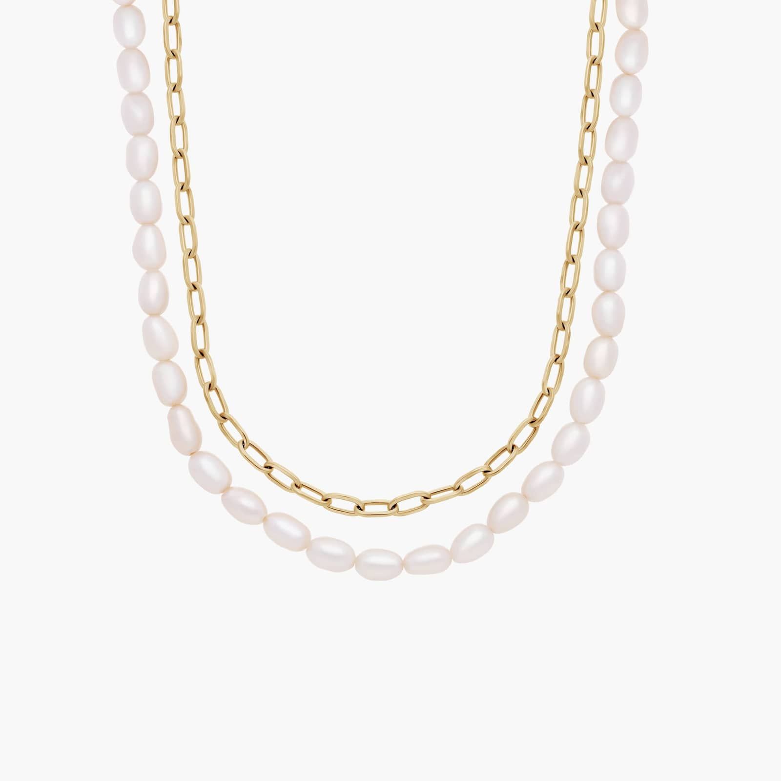 Freshwater Pearl and Paperclip Chain Double Strand Necklace in 14k Yellow Gold