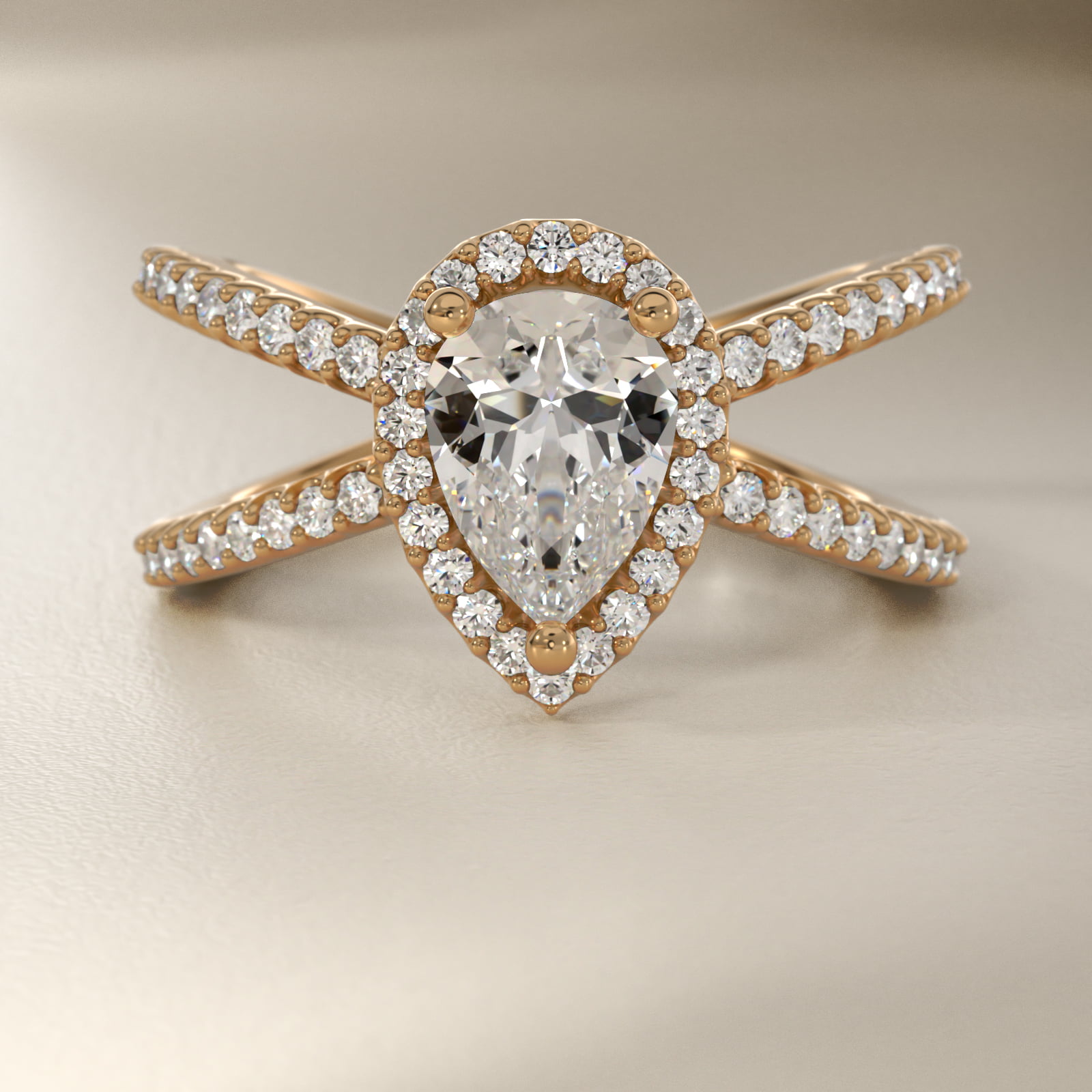 GCAL 0.79 Carat E-VS2 Very Good Cut Pear Lab-Grown Diamond X Split Shank Hidden Halo Diamond Engagement Ring in 14k