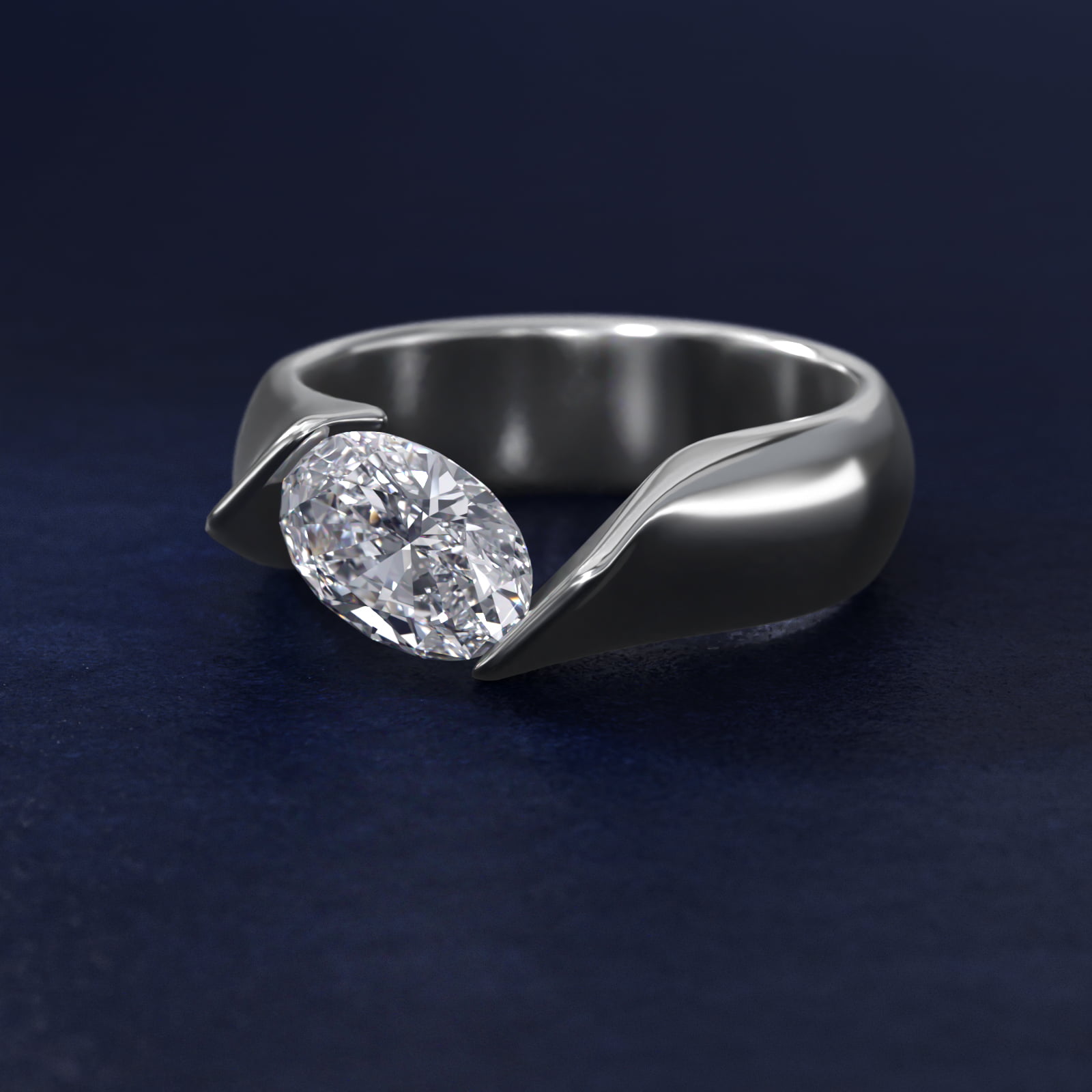 GIA 0.90 Carat G-VS2 Ideal Cut Oval Diamond Contoured Twist Tension Engagement Ring In White Gold