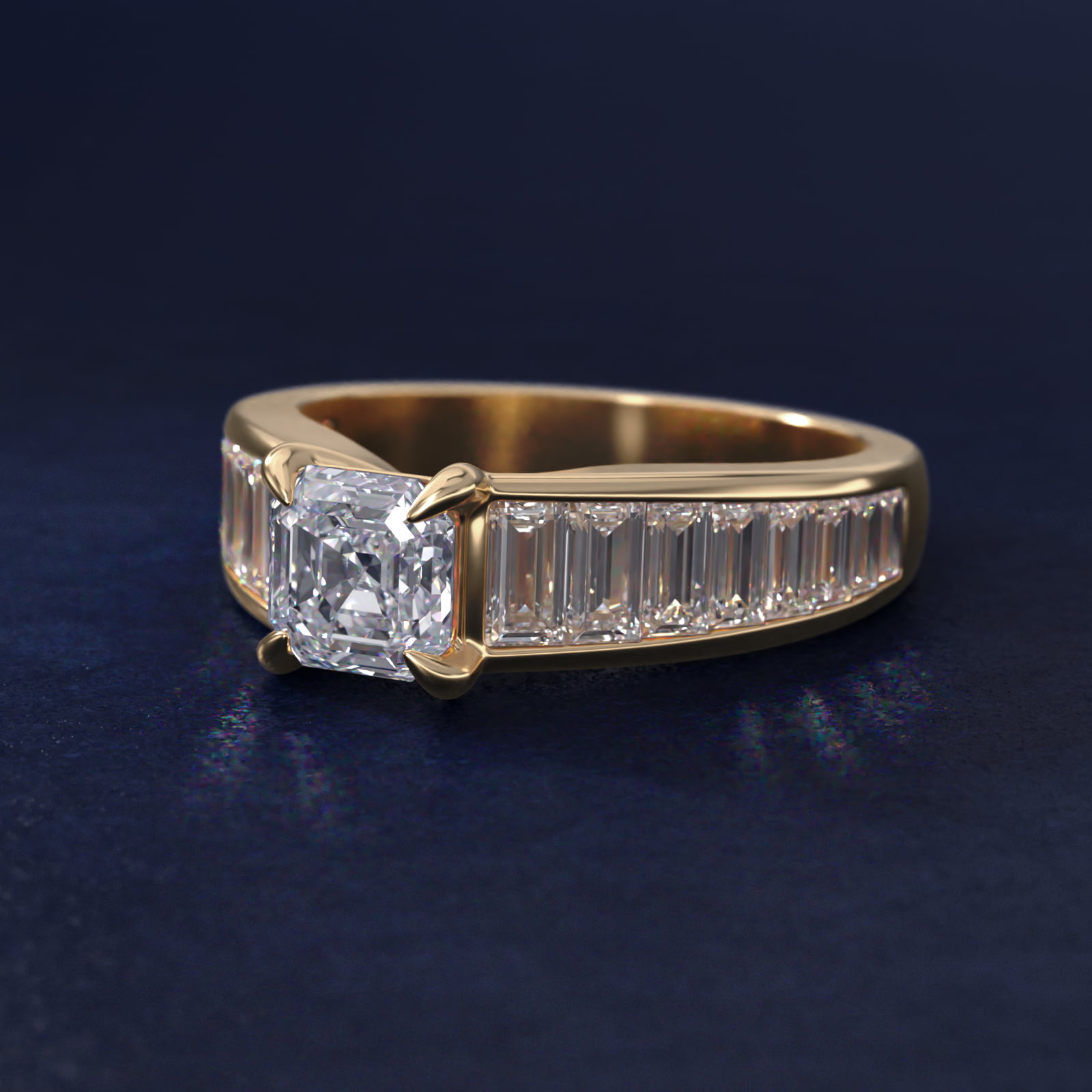 GIA 1.95 Carat H-VVS2 Very Good Cut Asscher Diamond Baguette Channel Diamond Engagement Ring in 18k Yellow Gold