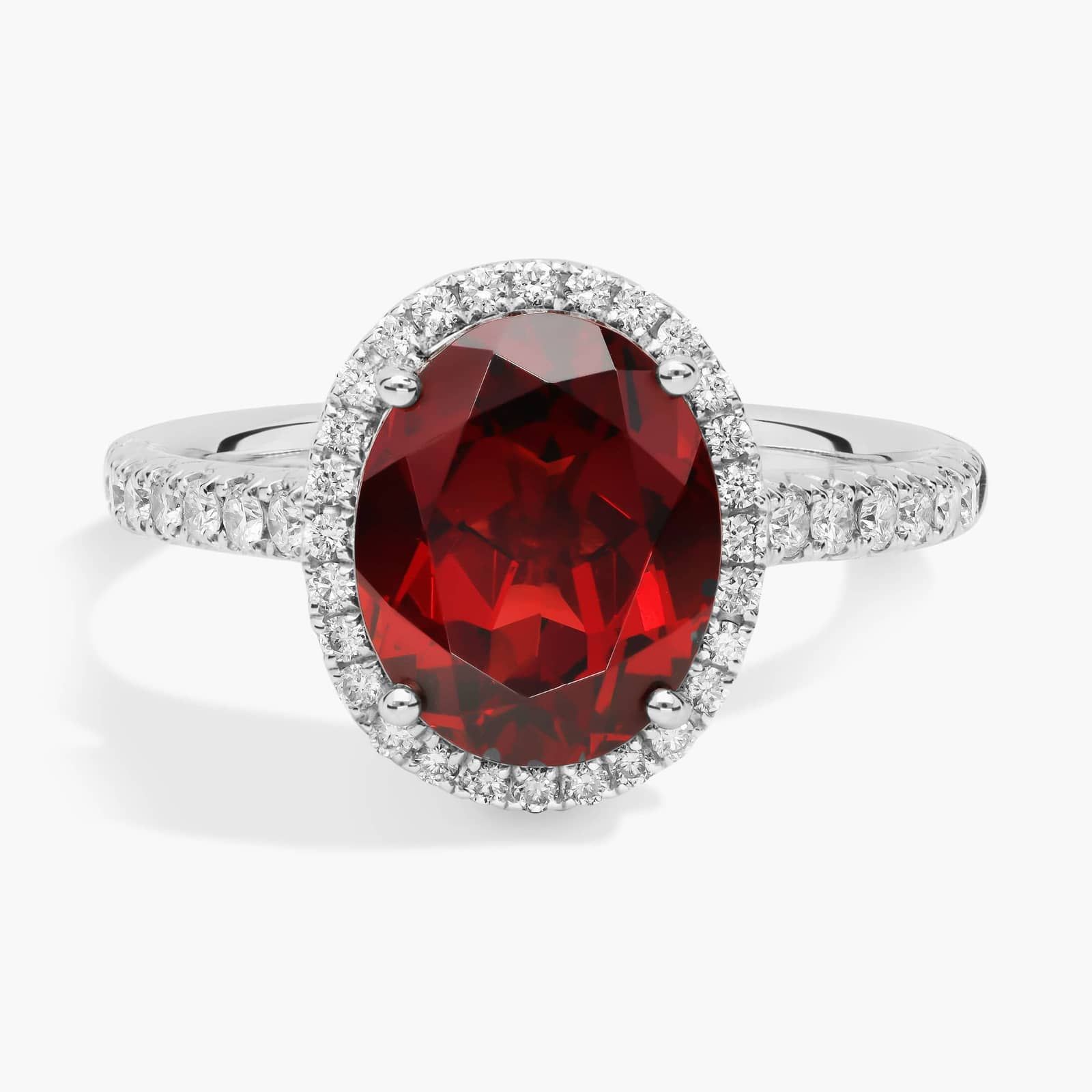 Garnet and Diamond Halo Ring in 18k White Gold
