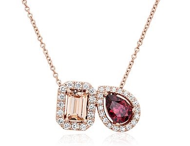 Morganite And Rhodolite With Diamond Halo Two Stone Pendant In 14k Rose Gold