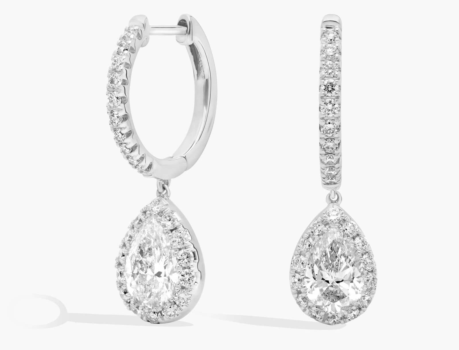 Lab Grown Diamond Pear Halo Dangle Earrings in 14K White Gold (2 Ct. Tw.)