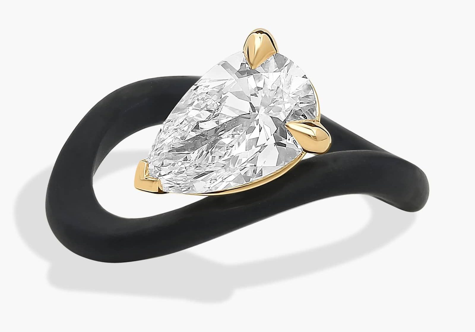 Lab Grown Pear Cut Floating Diamond Ring in 14K Yellow and Black Gold