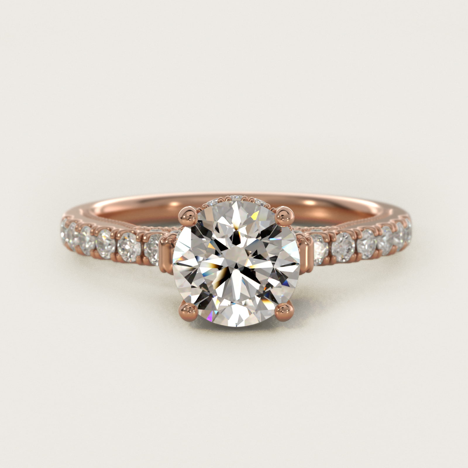 Lace Bridge Hidden Halo and Pave Diamond Engagement Ring in 14k Rose Gold