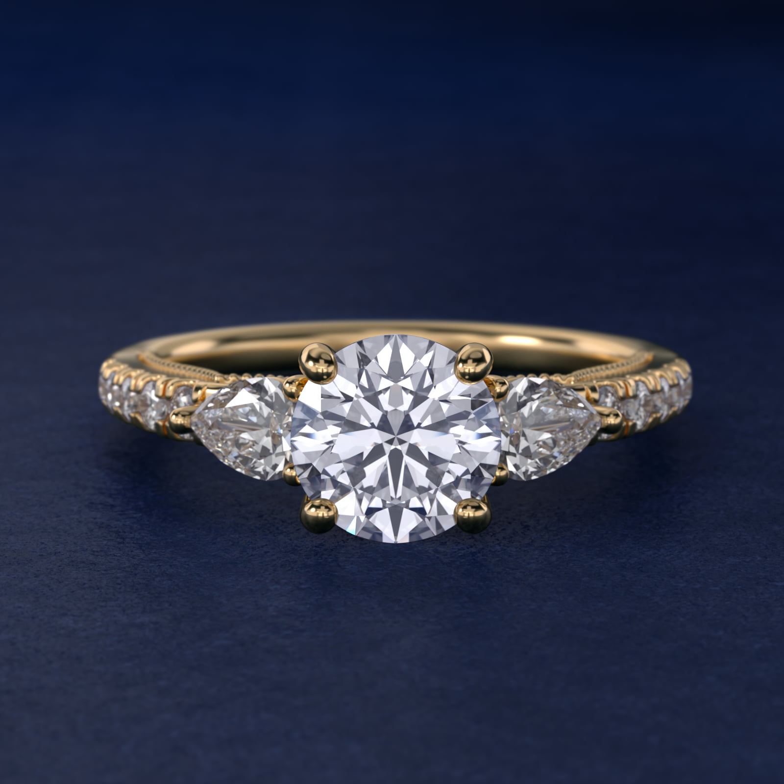Lace Bridge Three Stone and Pave Diamond Engagement Ring in 14k Yellow Gold