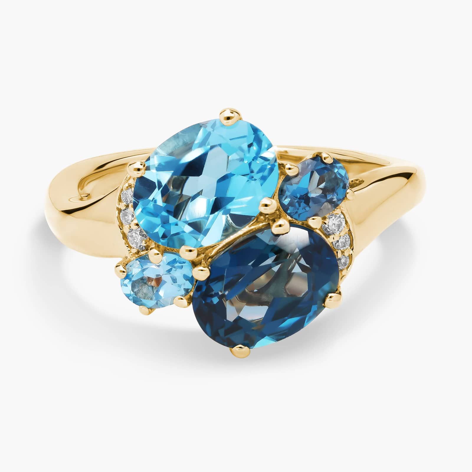  London Blue and Swiss Blue Topaz Cocktail Ring with Diamond Accents in 14k Yellow Gold