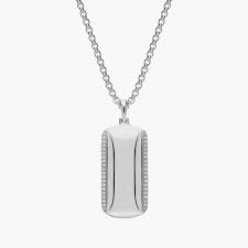 Men's Diamond Border Dog Tag Pendant in 14k White Gold (1/3 ct. tw.)