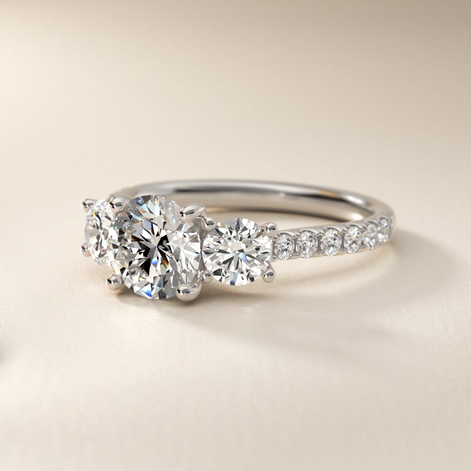 Modern Trellis Three Stone Diamond Engagement in Platinum
